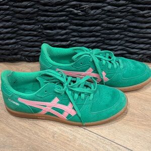 Asics Green Suede Sneakers with Pink Stripes